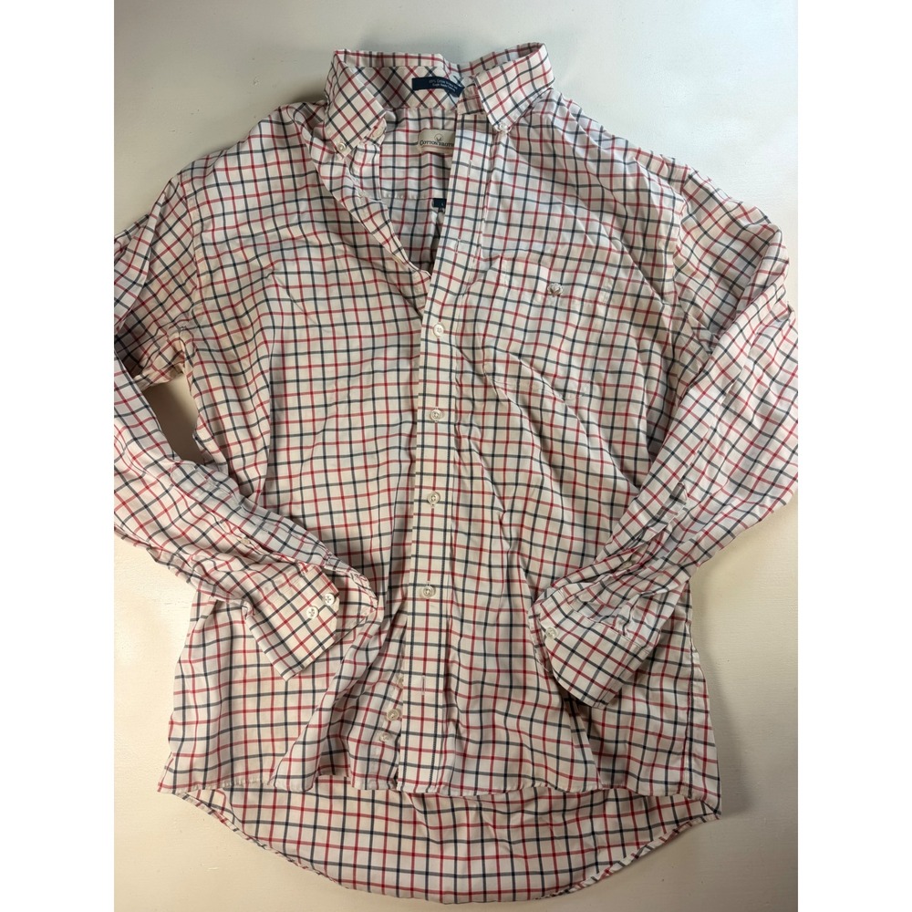 Cotton Brothers Button Down Men Large White Red Plaid Excellent Wrinkle Free